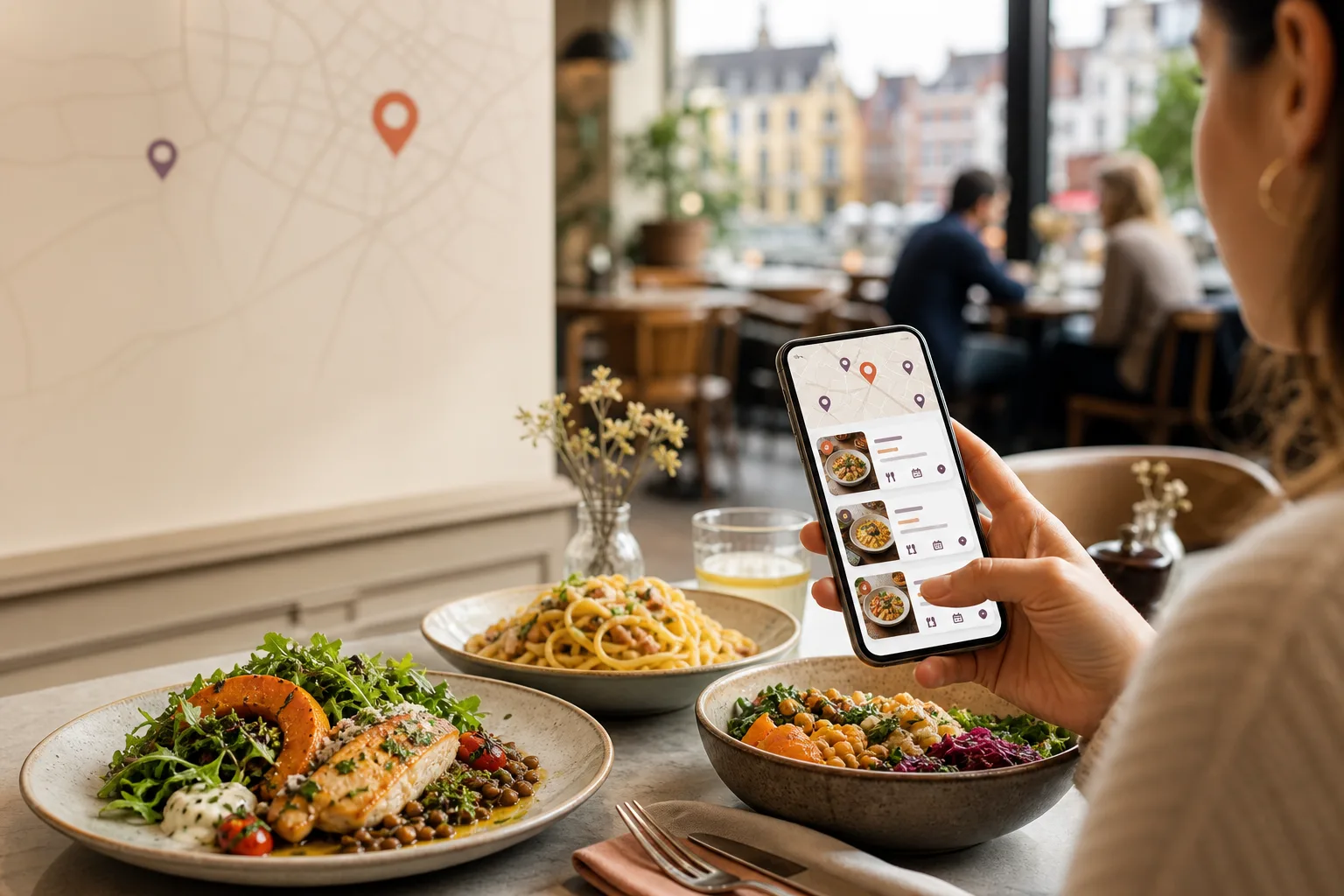 Bezoeker zoekt op een smartphone naar horecazaken in de buurt en vergelijkt actuele gerechten